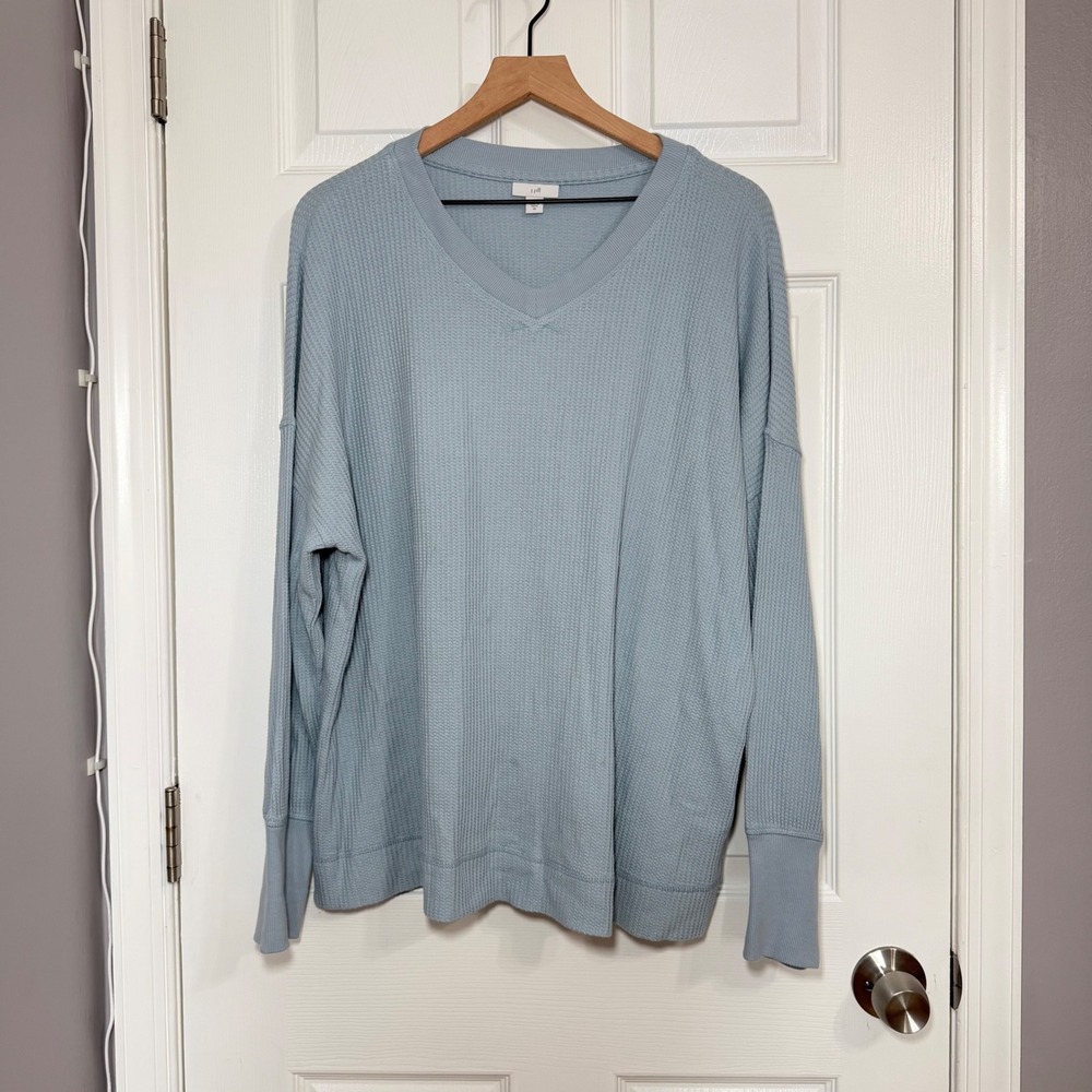 J. Jill Women 2X Light Blue Waffle Knit V-Neck Top Cotton Long Sleeve Thermal